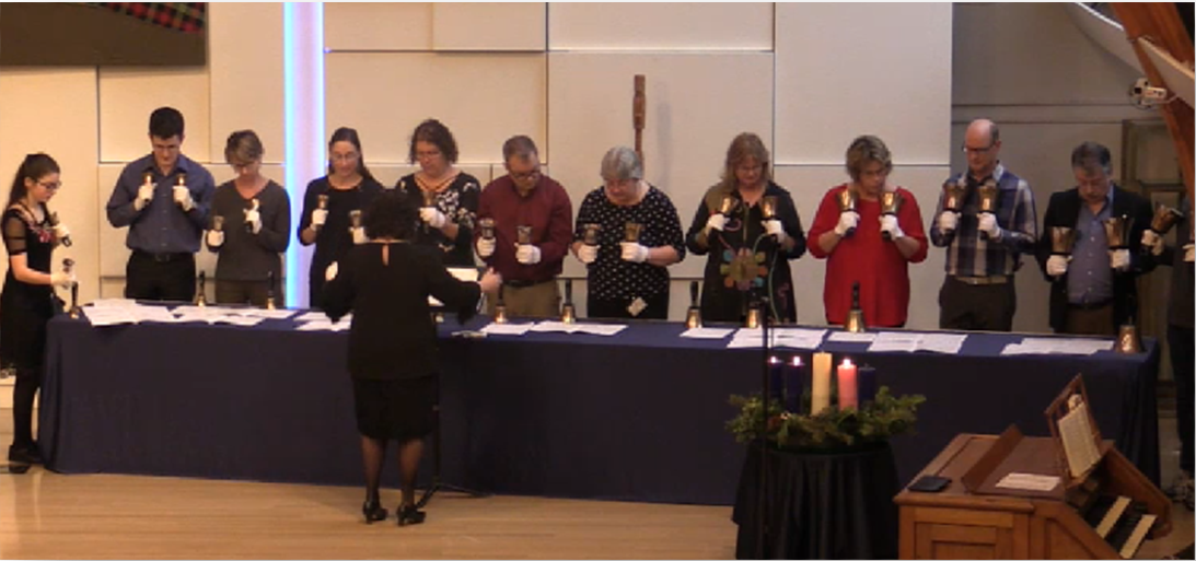 Group shot of Highlands' Hand Bell Ensemble performing