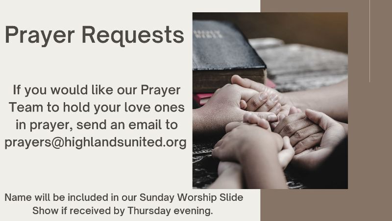 Poster on requesting prayers at Highlands United