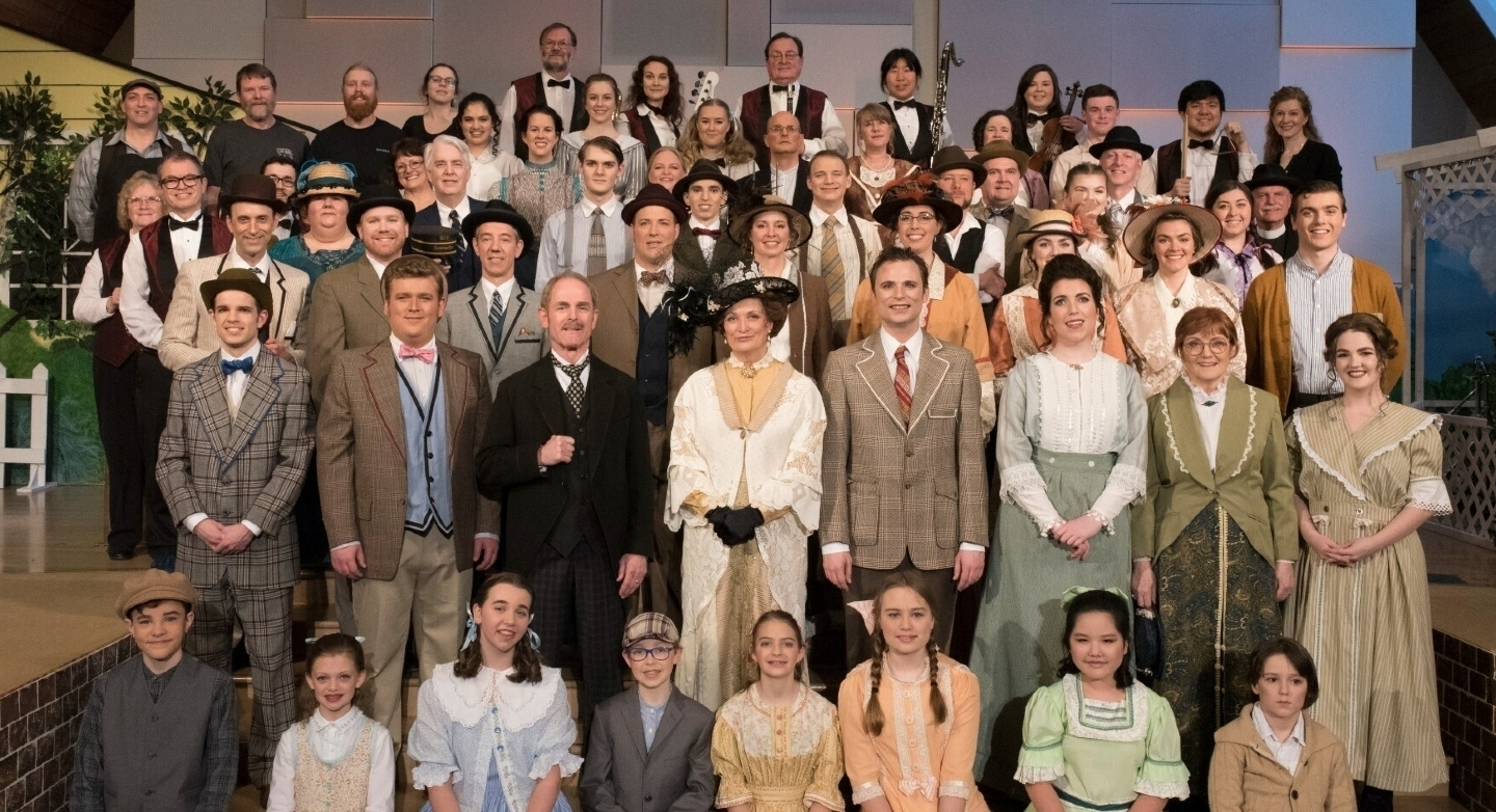 Group shot of the production cast and crew of The Music Man Musical at Highlands United Church