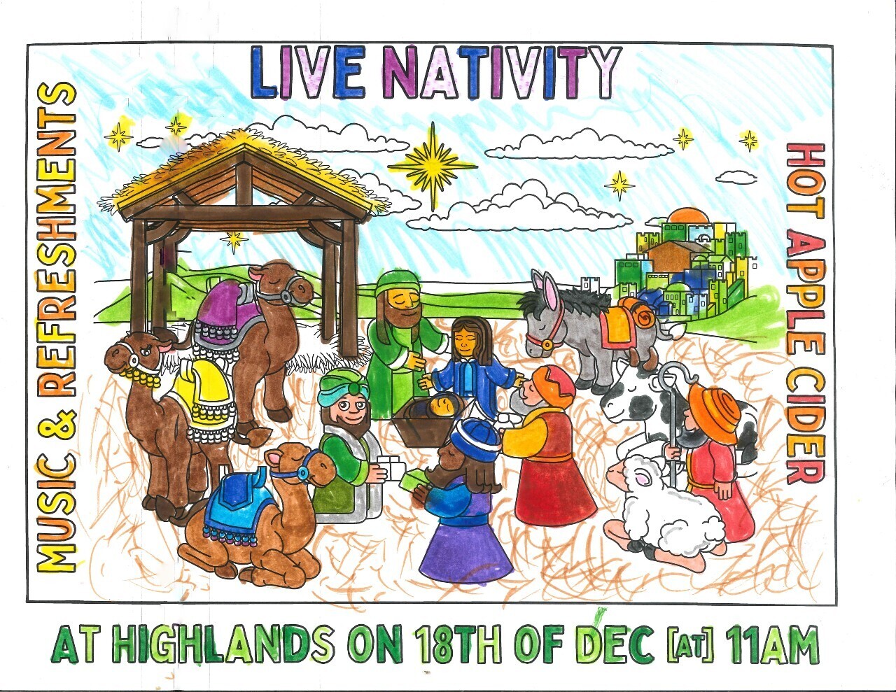 Child colouring of live nativity poster