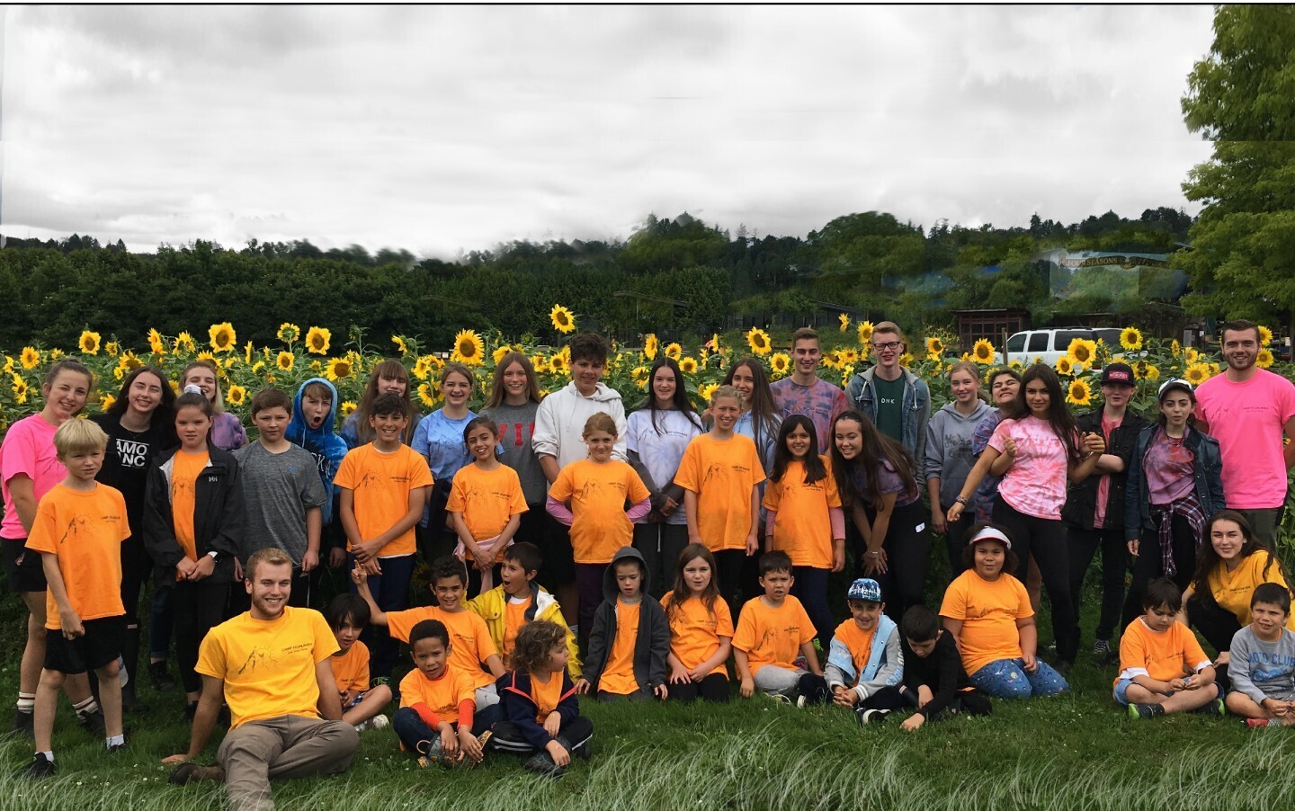 Summer camp kids in front of a field of sunflowers