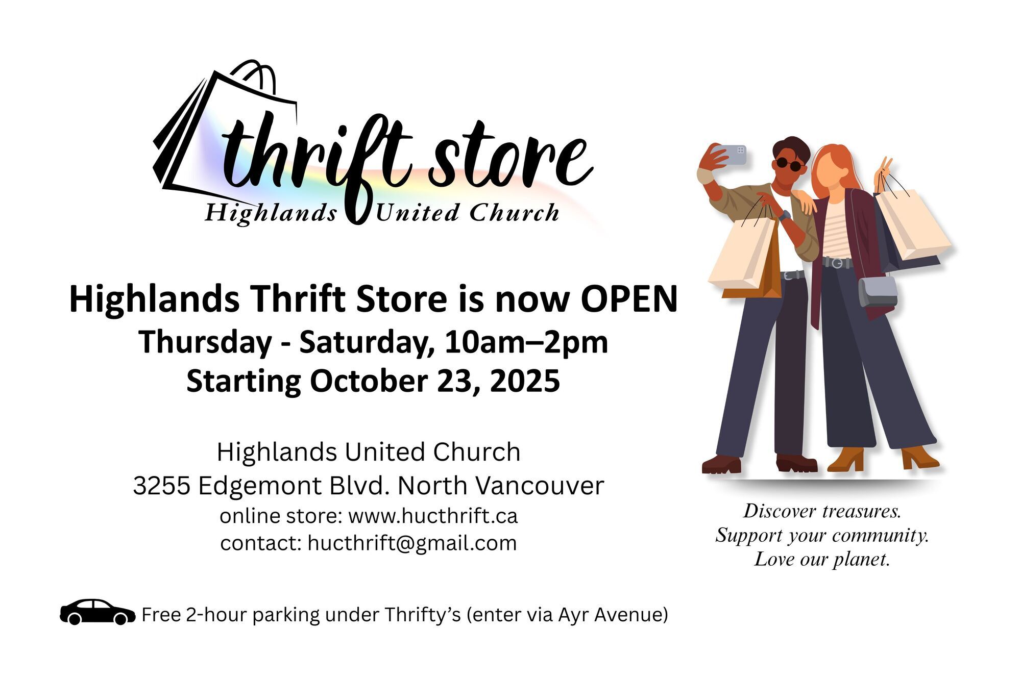 Thrift Store open hours 10-2 Thursday to Saturday